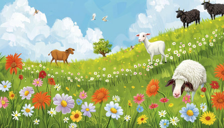 A picturesque field with a diverse array of farm animals grazing amidst vibrant wildflowers under a bright blue sky.の素材