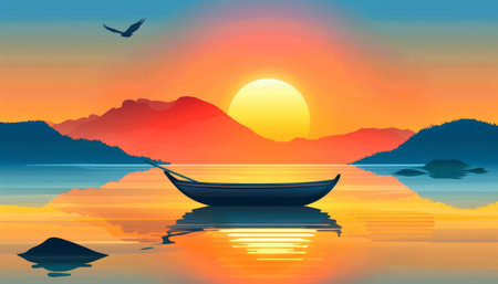 A lone boat sits on a calm lake at sunset, with mountains in the distance and a single bird flying overhead.  The water reflects the vibrant colors of the sky.の素材