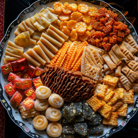 A platter of colorful and assorted Chinese snacks.の素材