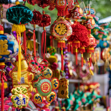 A close-up of colorful Chinese lanterns and decorations hanging in a market stall.の素材