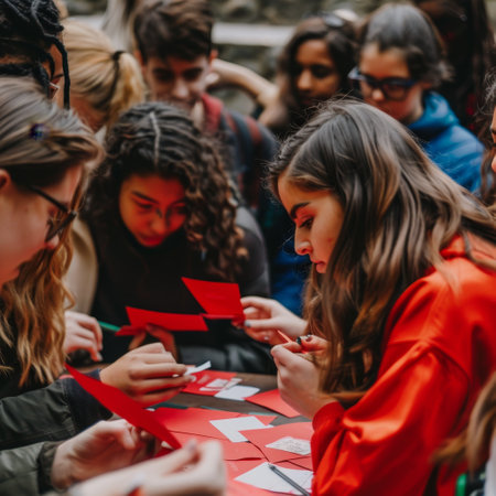A group of young people are gathered around a table, working on a project together. They are using red paper and pens to create something.の素材