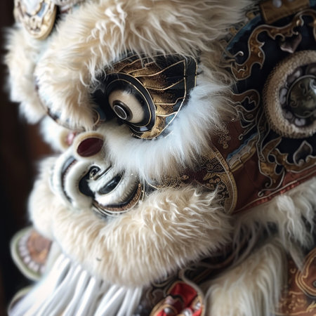 Close-up of a traditional lion dance costume with intricate details and vibrant colors.の素材
