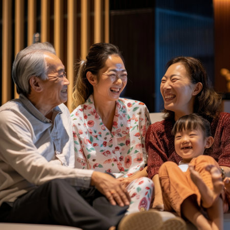 A happy multi-generational family laughing together on a couch.の素材