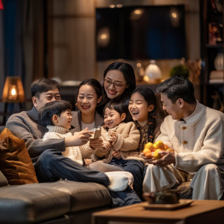 A happy family of six is gathered in their living room, laughing and enjoying each other's company. The children are looking at a smartphone, while the adults are smiling and watching them. There are fruits on the table in front of them, and a warm, inviting atmosphere fills the room.の素材