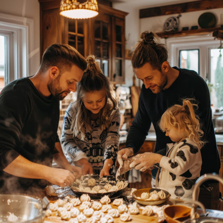 A family of four, two dads and two young daughters, are gathered around a kitchen counter, making dumplings together. They are all smiling and seem to be enjoying themselves.の素材