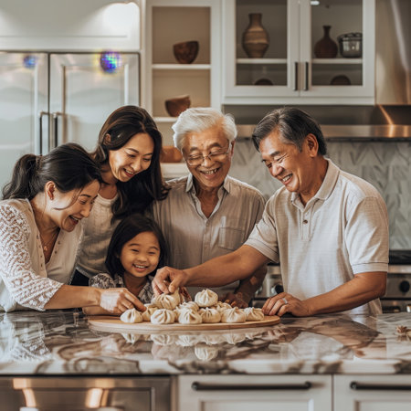 A multi-generational Asian family smiles as they make dumplings together in their kitchen.の素材