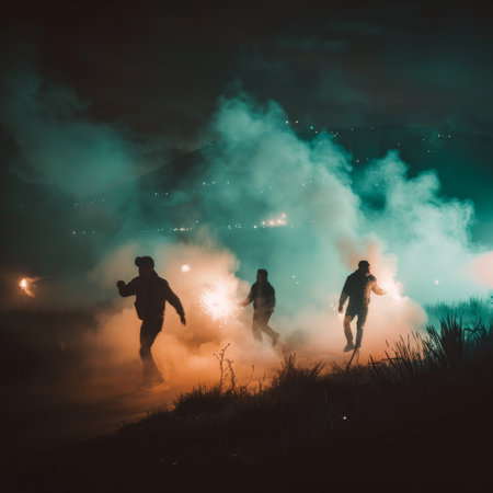 Three figures run through smoke holding flares, with a cityscape in the background.の素材
