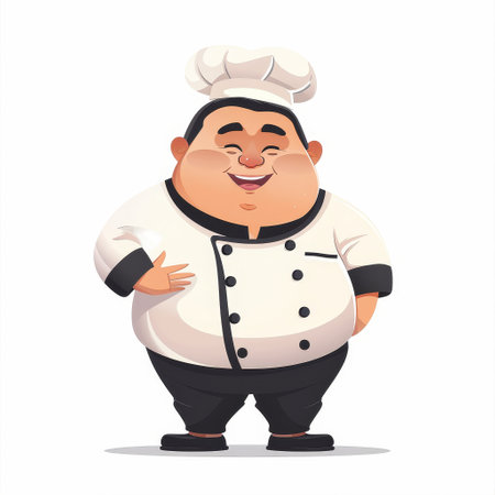 A happy cartoon chef wearing a white chef's hat and uniform, smiling broadly.の素材