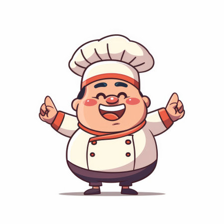 A cartoon chef with a white hat and a red and white uniform is smiling and raising both hands in the air.の素材