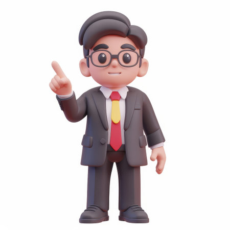 A 3D cartoon character of a businessman wearing a suit and tie, pointing his finger upwards.の素材