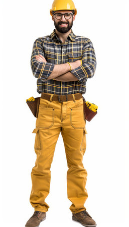 A smiling construction worker with arms crossed, wearing a yellow hard hat, plaid shirt, and yellow pants with tool belt.の素材