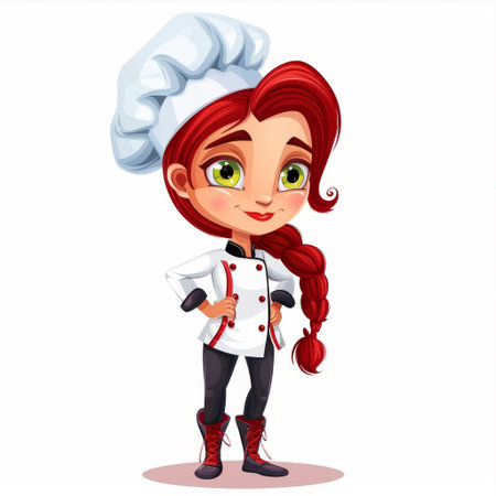 A cartoon chef with red hair wearing a white chef's hat and a white uniform with red trim, smiling and standing with her hands on her hips.の素材
