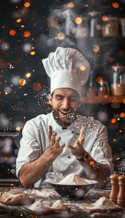 A chef in a white uniform and toque is preparing dough, with flour being thrown in the air and his face covered in it.の素材