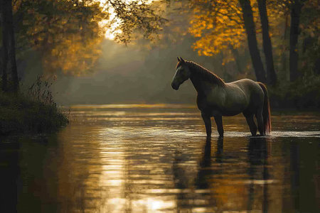 Horse in autumn river at sunrise, peaceful sceneの素材