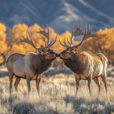 Elk kissing in autumn, mountain background; wildlife printの素材
