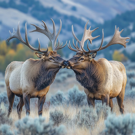 Elk rutting season; kissing males; mountain background; wildlife photographyの素材