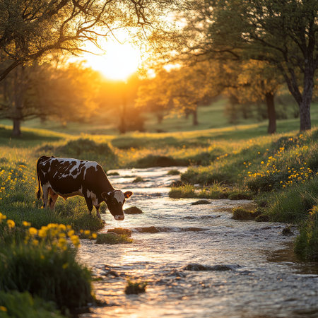 Cow drinks at sunset stream, idyllic pastureの素材