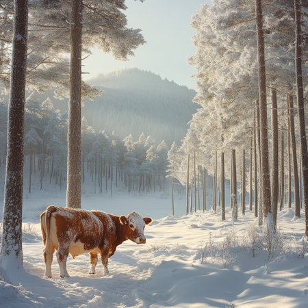 Cow in snowy winter forest, mountains background, peaceful scene, nature calendarの素材