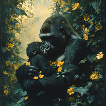 Gorilla mother cradles baby amidst lush jungle flowers; wildlife conservationの素材