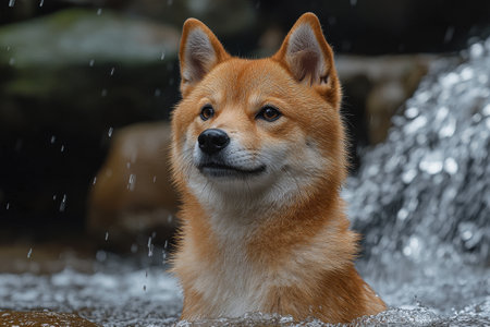 Shiba Inu dog in waterfall, natureの素材