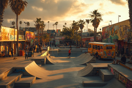 Skatepark sunset, urban scene, youth skateboardingの素材