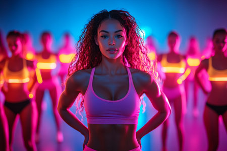 Confident woman leads fitness class, neon lightsの素材