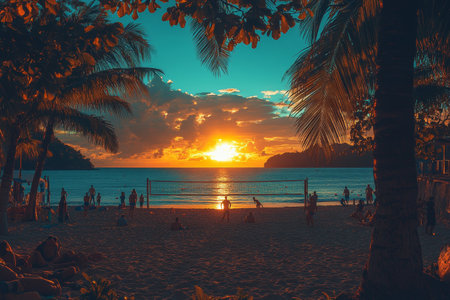 Sunset beach volleyball game, tropical oceanの素材