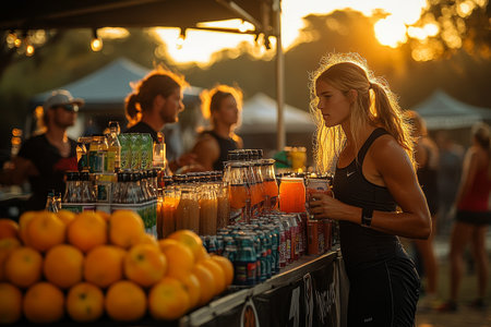 Woman chooses drink at sunset marketの素材