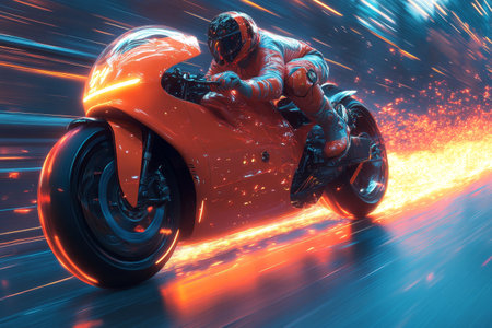 Racer speeds futuristic bike, city lights blur, fire trailsの素材