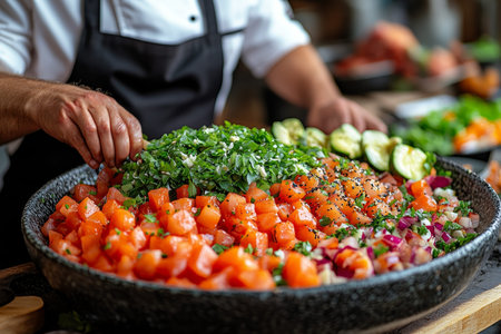 Chef prepares salmon poke bowl buffetの素材