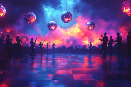 Rooftop band plays at night, disco balls, city backdropの素材