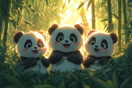 Three panda cubs in bamboo forest, sunriseの素材