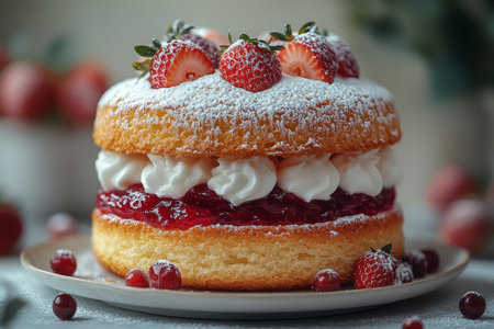Strawberry Victoria sponge cake dessert, kitchen settingの素材
