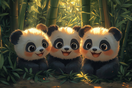 Three panda cubs in bamboo forest, happy, sunlightの素材