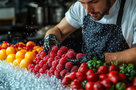 Chef washing raspberries, strawberries, oranges; kitchen background; food prepの素材