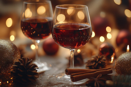 Festive wine glasses, Christmas lights, cinnamonの素材