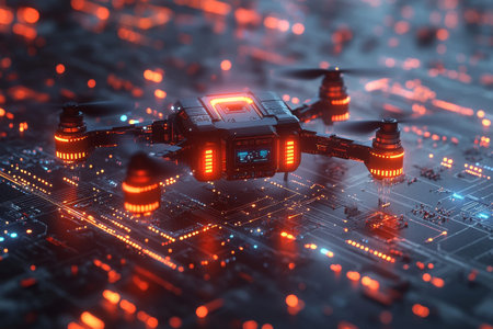Drone flying over circuit board; tech backgroundの素材