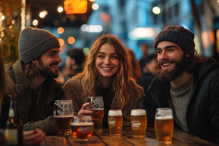 Friends enjoying beers at night outdoor cafeの素材