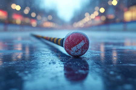 Winter ice rink, hockey stick, city lights, nightの素材