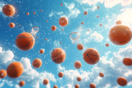 Basketball hoops and balls falling, sunny skyの素材