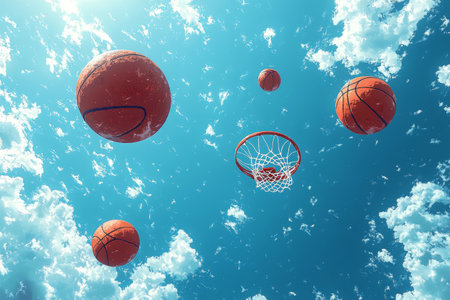 Sky high basketball hoops and balls, sunny day cloudsの素材