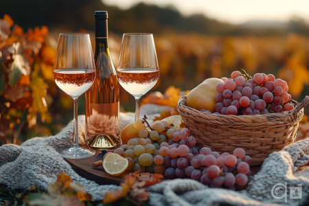 Autumn vineyard picnic wine, grapes, pearsの素材