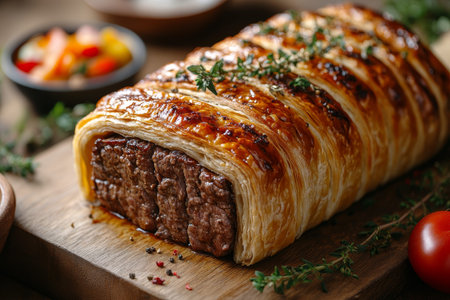 Beef Wellington, Festive Dinner, Kitchen Table, Thyme Garnish, Holiday Mealの素材