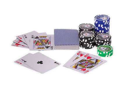 All-in, the last poker game. Royal flush wins against poker. Isolated on white background by lights.のeditorial素材