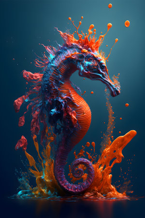 3d render of seahorse with watercolor splash isolated on dark backgroundの素材