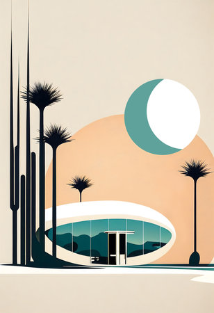 Modern building with palm trees and sun in retro style. vector illustration.の素材
