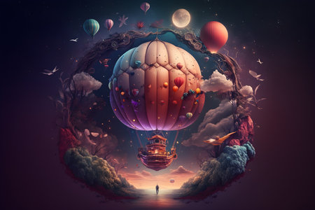 Marvelous 3d hot air balloons in archway, snowy creative background.の素材