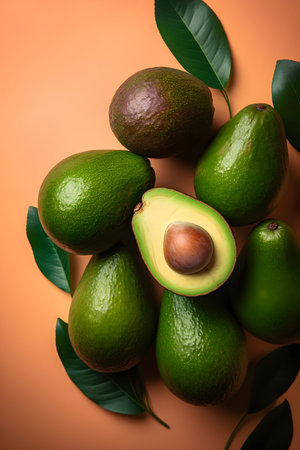 Top view of avocados, isolated, generative ai.の素材