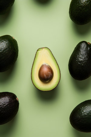 Top view of avocado, isolated, generative ai.の素材