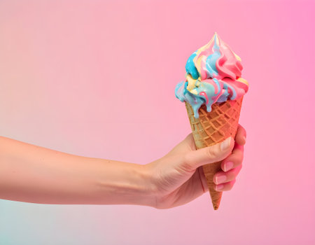 Ice cream cone in female hand on pink background, closeup.の写真素材